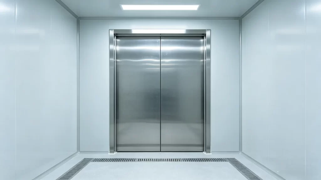 Stainless steel automatic sliding door in a sterile pharmaceutical cleanroom, designed for high-level airtightness and compliance with ISO standards.