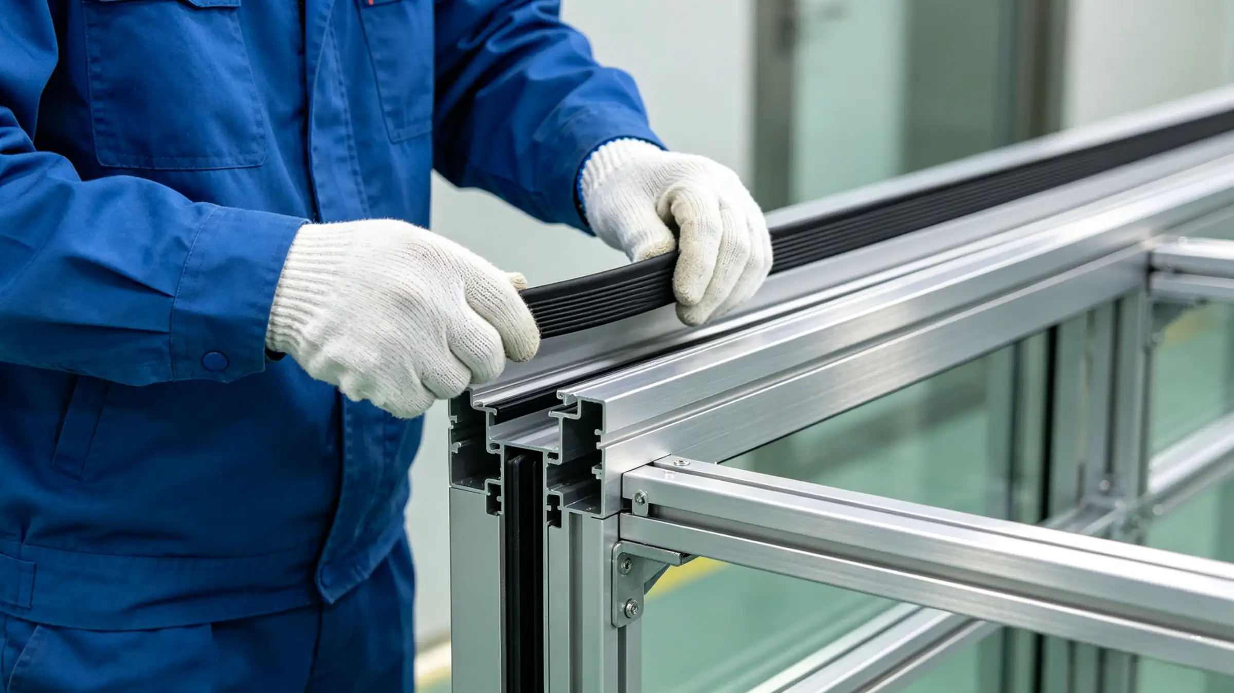 Worker in blue workwear and white gloves installing black rubber door seal on aluminum profile frame, precise manufacturing scene.