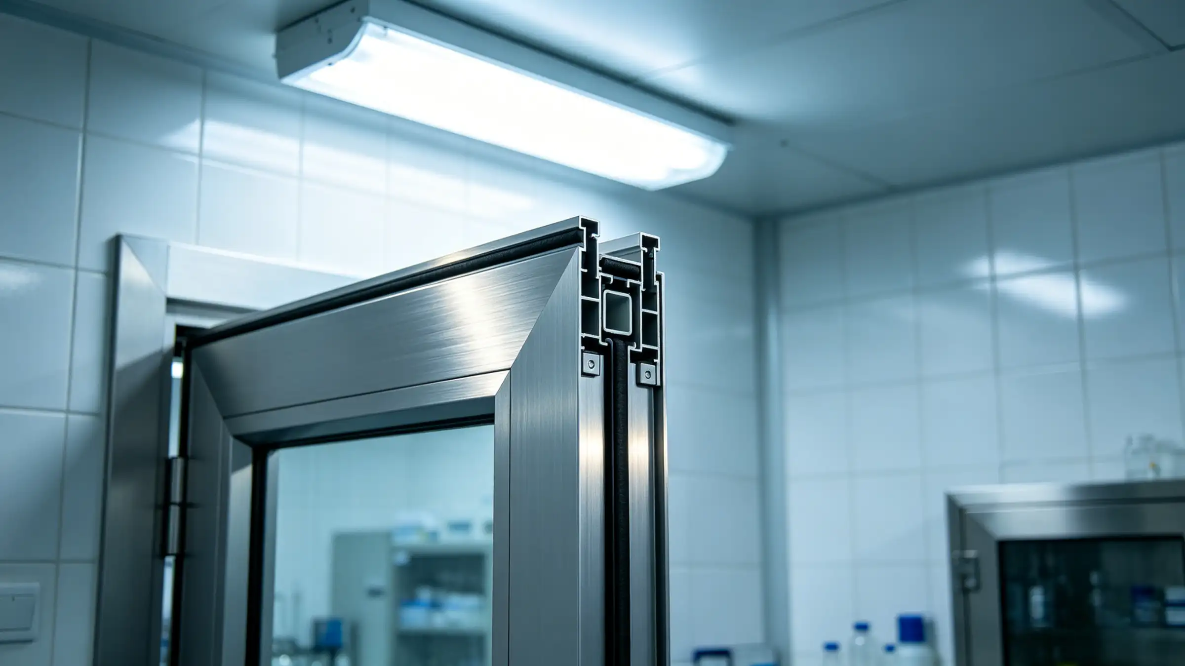 Close-up of an aluminum cleanroom door frame cross-section showing thermal break and sealing structure in a laboratory setting.