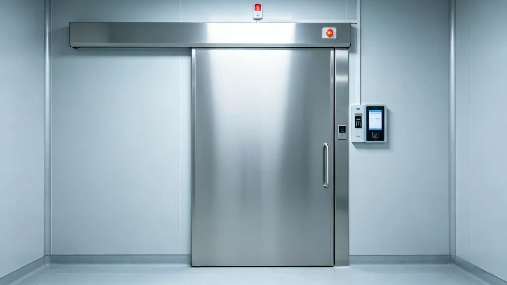 Automatic sliding aluminum cleanroom door with integrated BMS control panel and status indicators in a sterile environment.