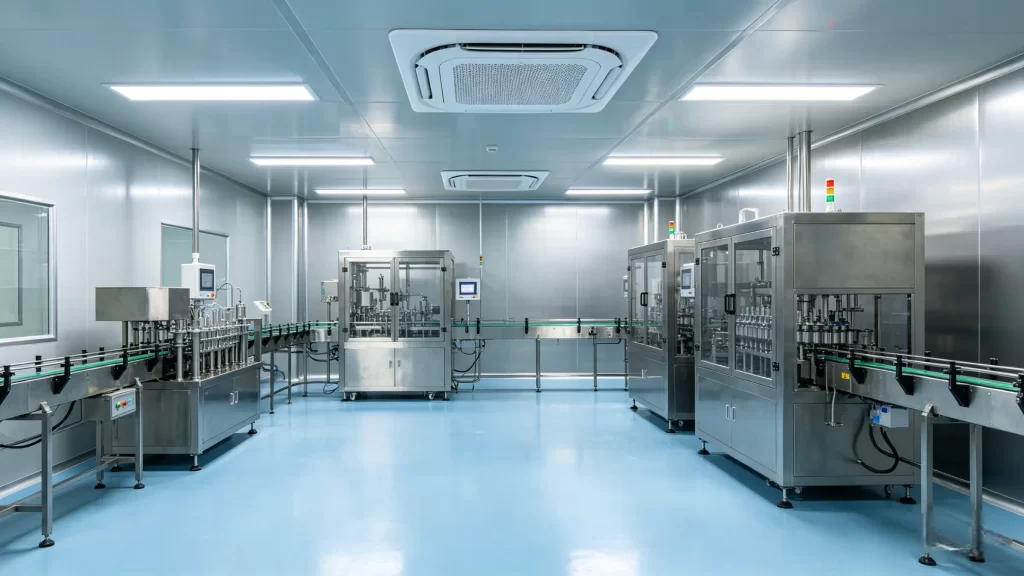 Food and beverage cleanroom production line with stainless steel filling machines, ceiling air diffusers, and conveyor belts, a key cleanroom accessory setup.