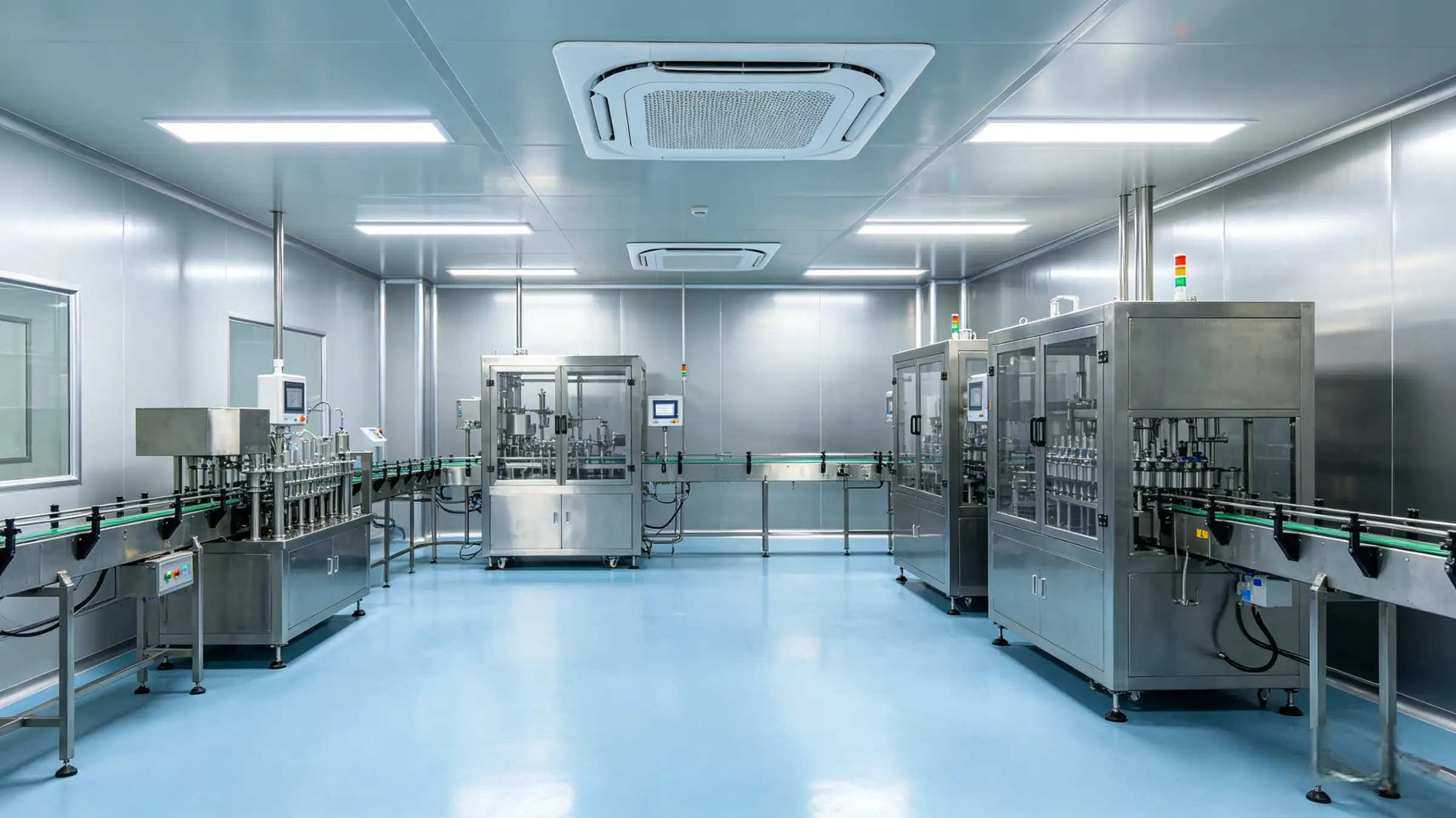 Food and beverage cleanroom production line with stainless steel filling machines, ceiling air diffusers, and conveyor belts, a key cleanroom accessory setup.