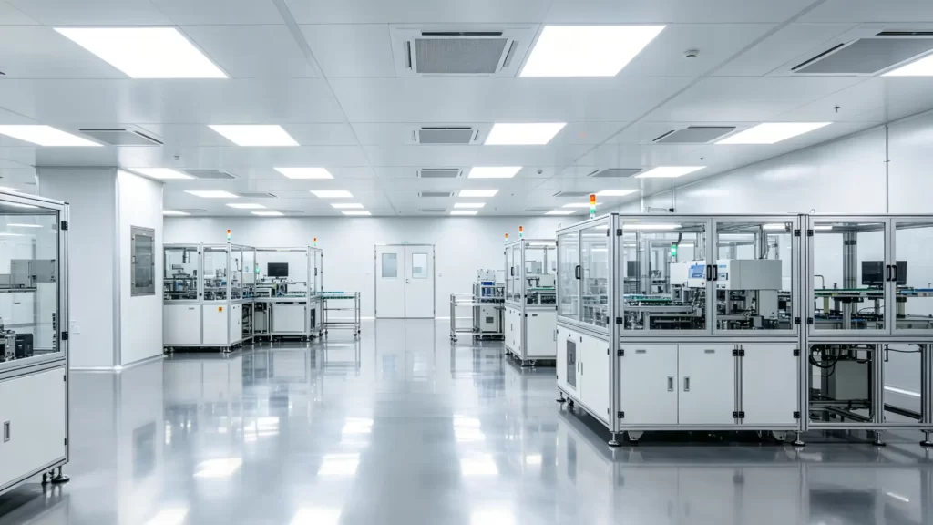 High-tech manufacturing cleanroom with automated production equipment, ceiling air vents, and cleanroom doors, critical cleanroom accessories.