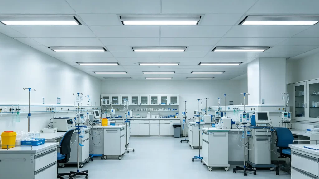 Sterile medical cleanroom lab with infusion stands, monitoring equipment, and ceiling LED lights, essential cleanroom accessories for clinical use.