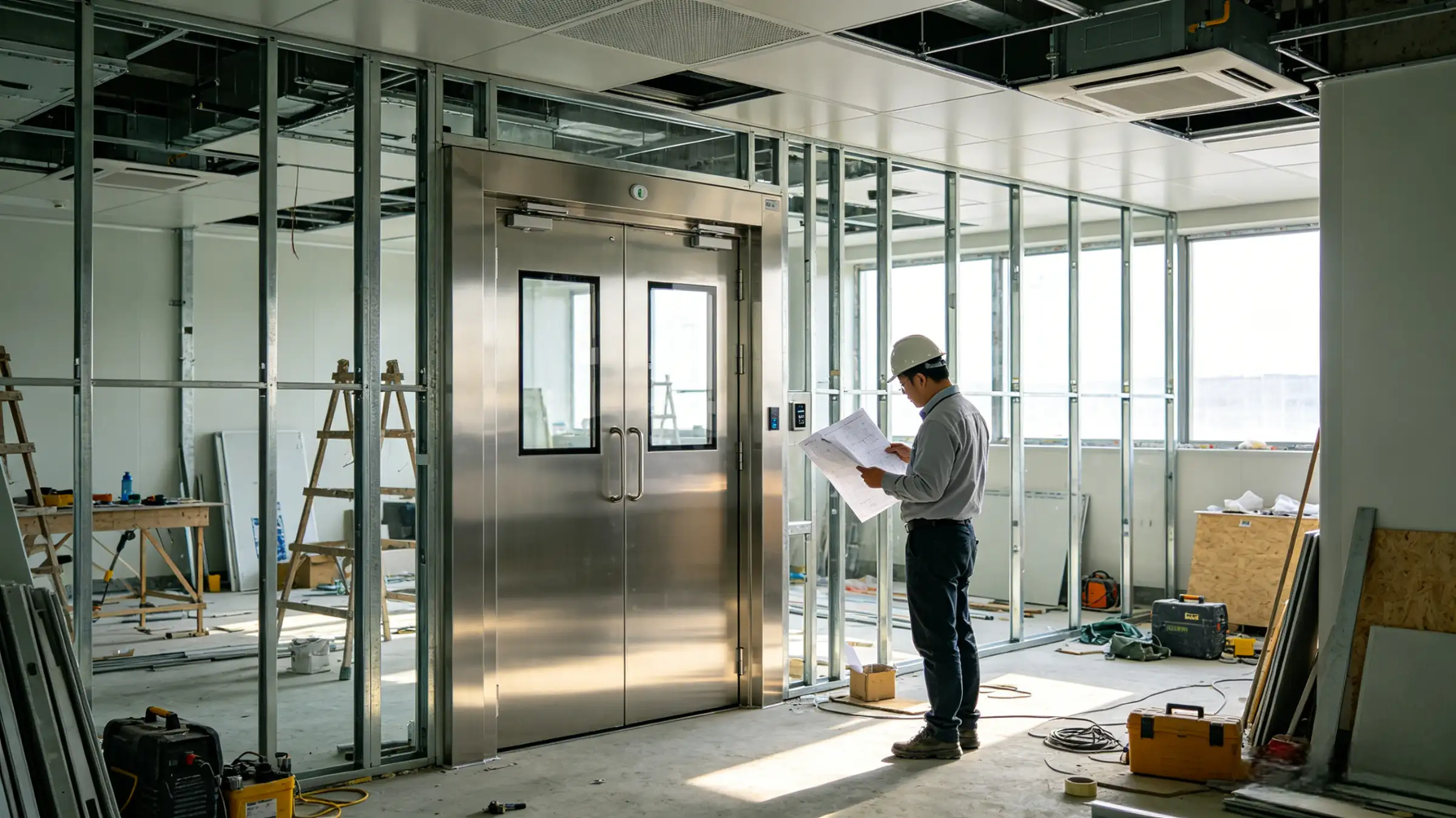 Construction supervisor in hard hat reviews blueprints in an unfinished cleanroom with stainless steel doors and metal framing.