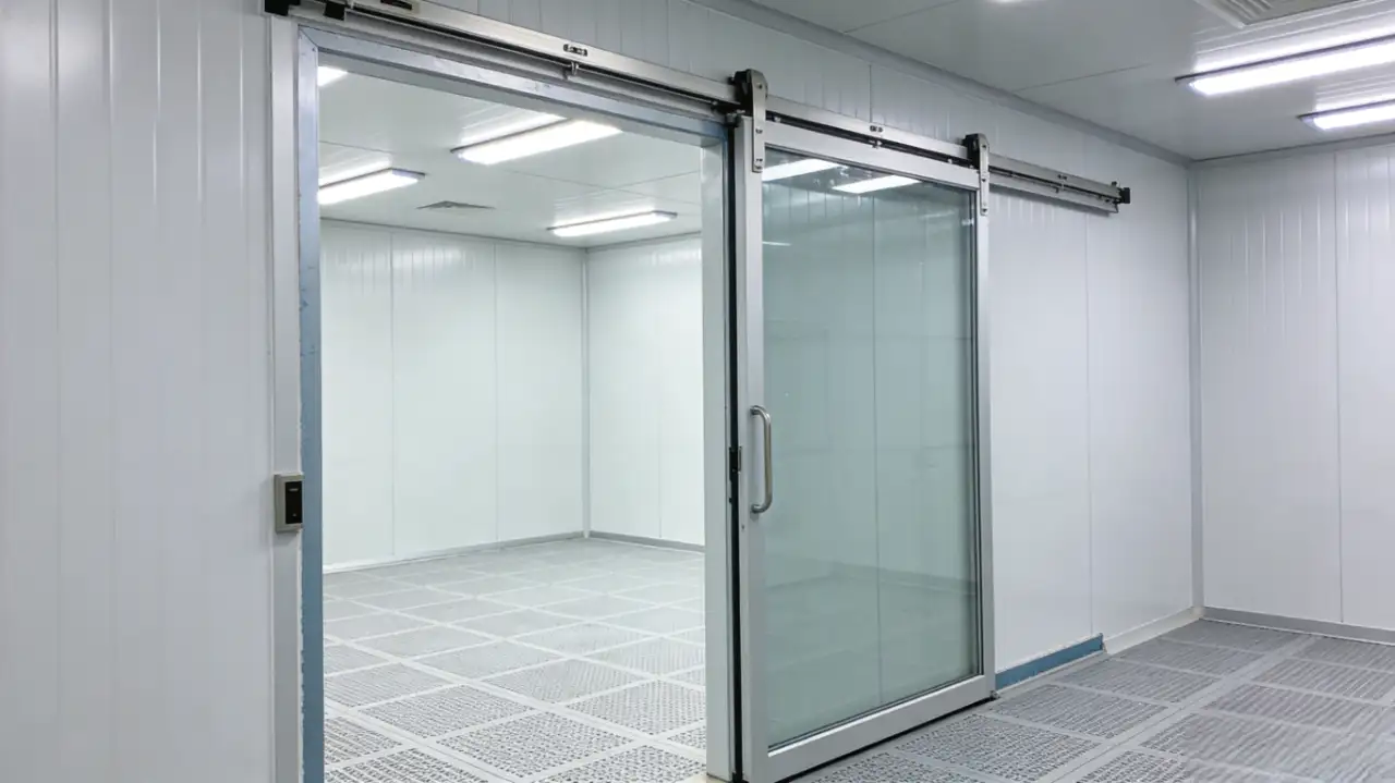 A fully installed hermetic sliding door system in a sterile cleanroom environment, featuring frosted glass panels, aluminum alloy frame, and recessed track system. The room has white modular walls, perforated anti-static flooring, and overhead LED lighting, showcasing compliant airtight design.