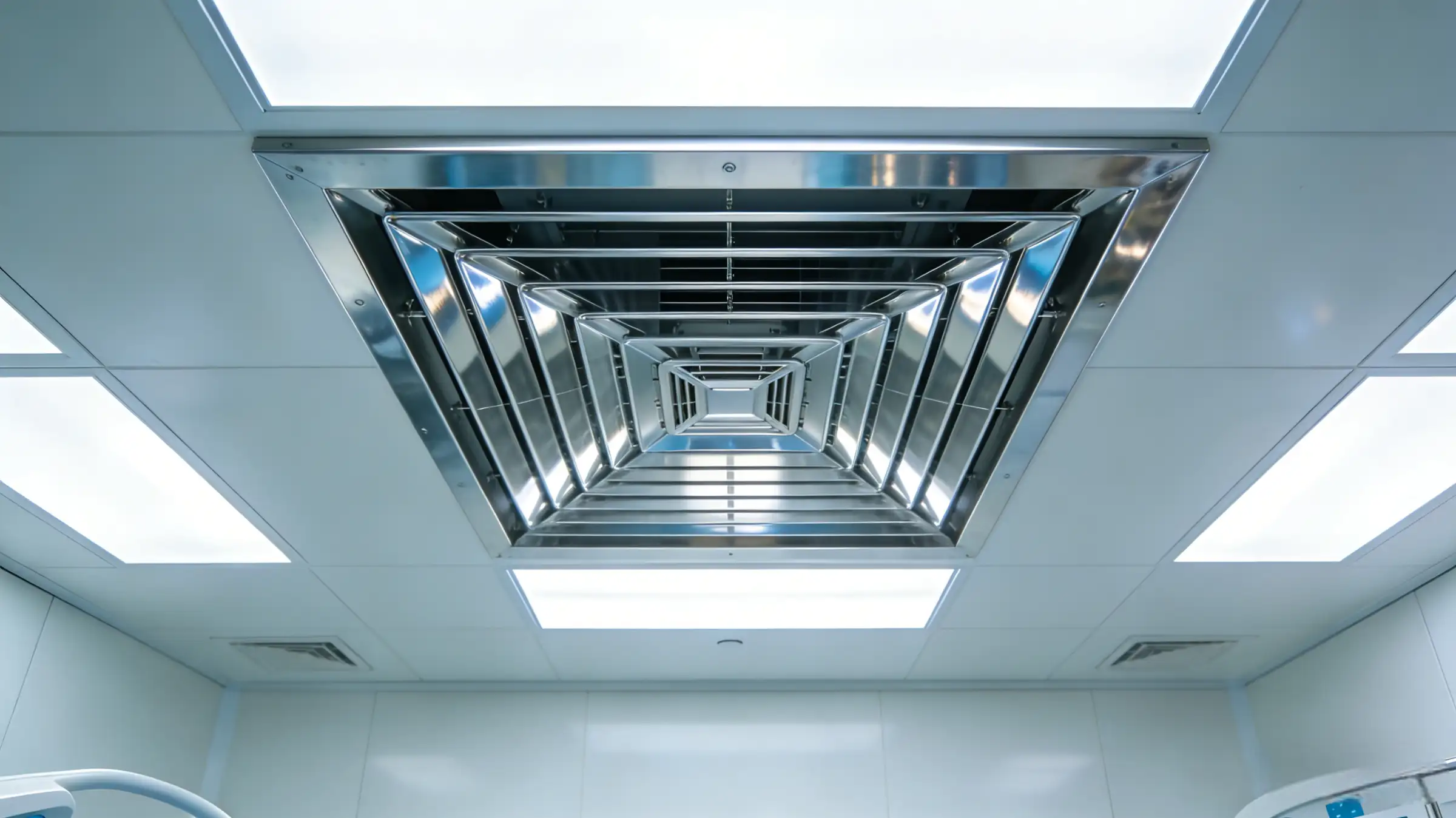 Close-up of a square aluminum laminar air supply diffuser installed on the ceiling of a sterile operating room, surrounded by surgical LED lights.