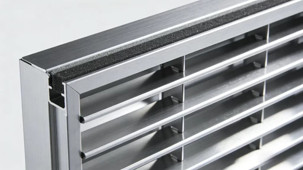 Close-up of a high-precision aluminum linear air diffuser with EPDM sealing gasket, showing its corrosion-resistant, airtight structure for medical HVAC systems.
