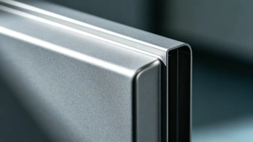 Macro shot of a powder-coated aluminum cleanroom door surface, highlighting the smooth, antimicrobial, and corrosion-resistant finish.