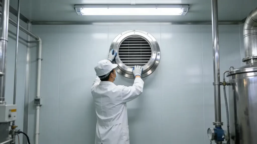 A technician in full cleanroom PPE installs a stainless steel round diffuser on the wall of a biopharmaceutical cleanroom, with process equipment in view.