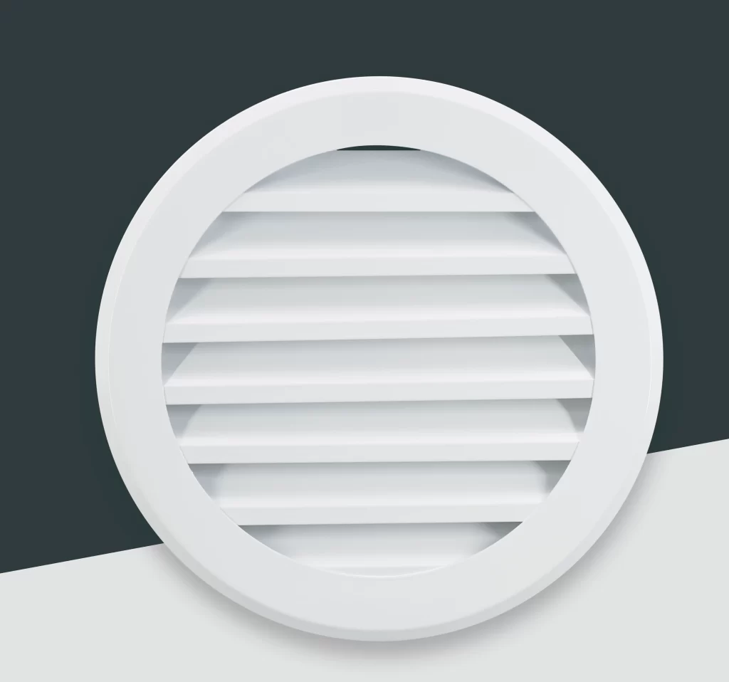 A close-up product shot of a white round diffuser with horizontal slats, set against a dark and light background, showcasing its clean, smooth finish.