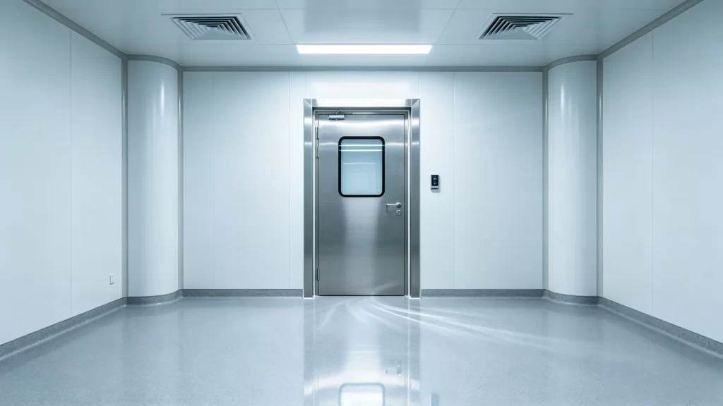 Stainless steel airtight door with vision panel installed in a bright, sterile cleanroom environment.