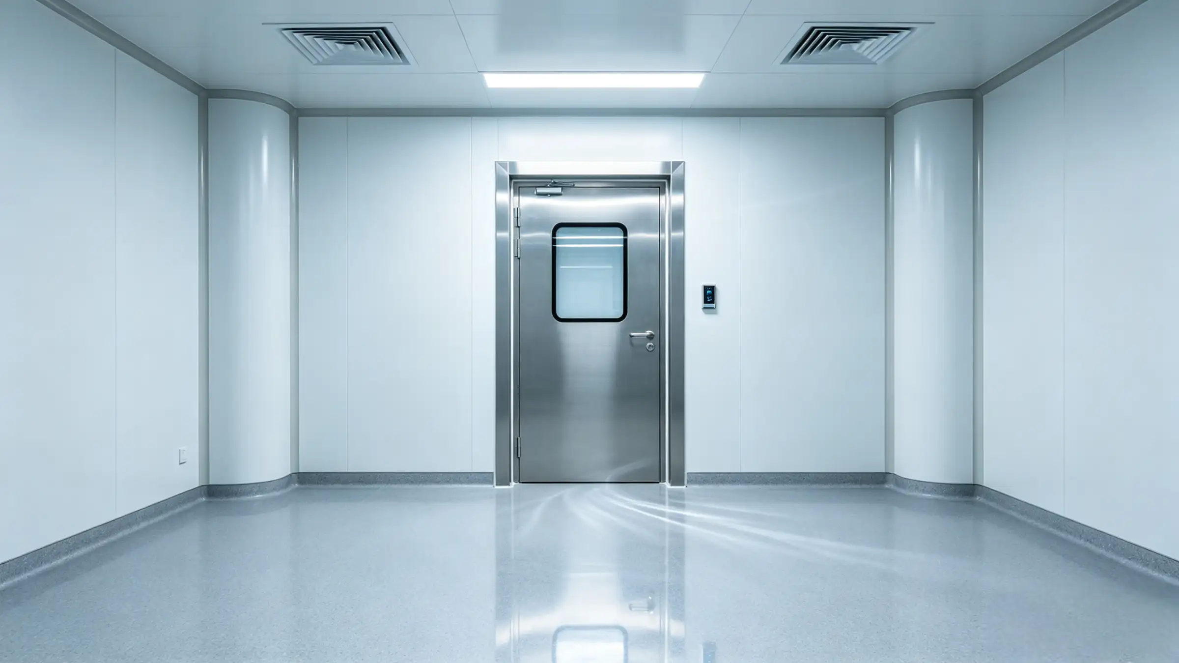 Stainless steel airtight door with vision panel installed in a bright, sterile cleanroom environment.