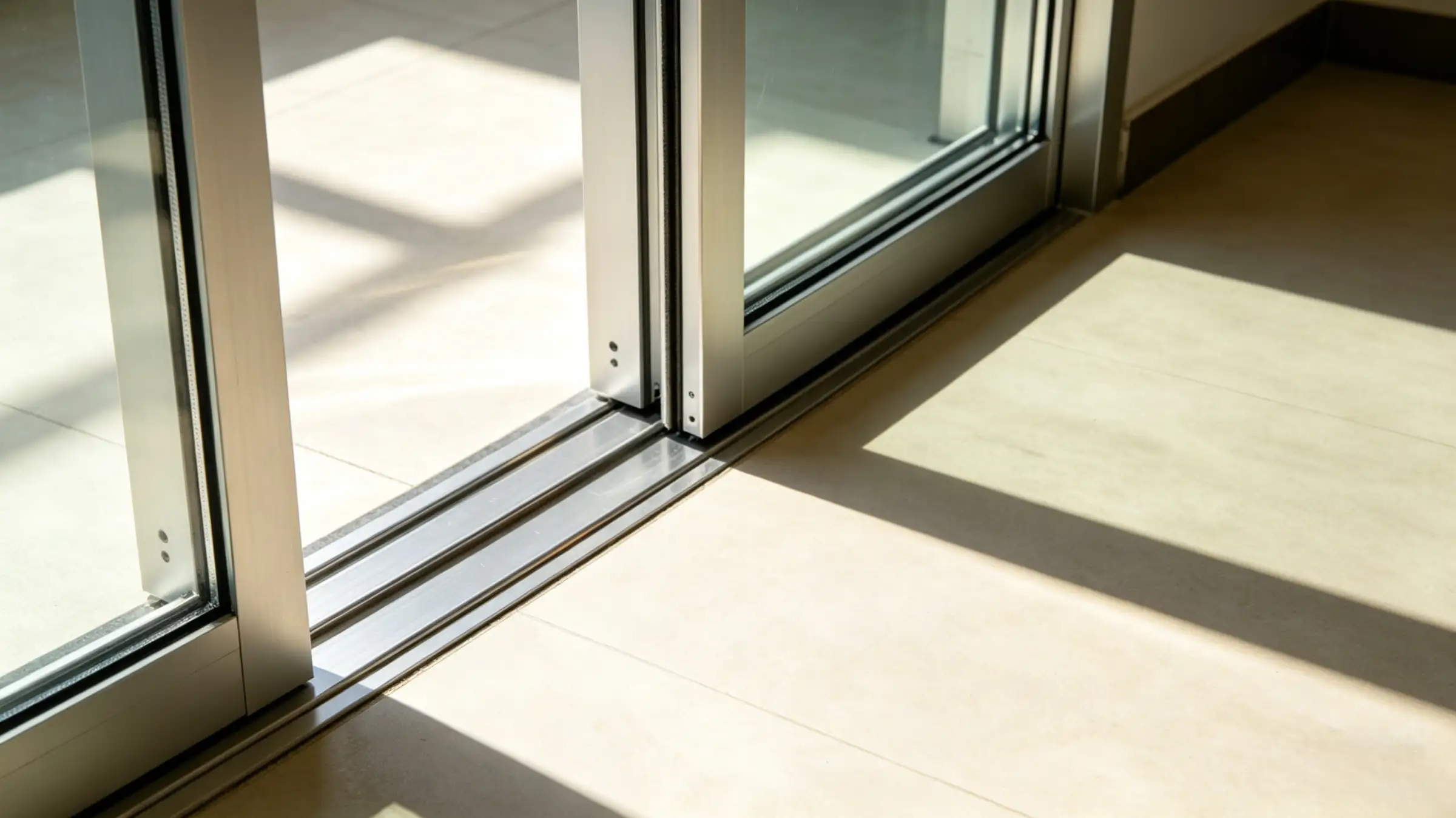 Close-up of clean automatic sliding door track with sunlight casting shadows on a tiled floor in a modern commercial building.