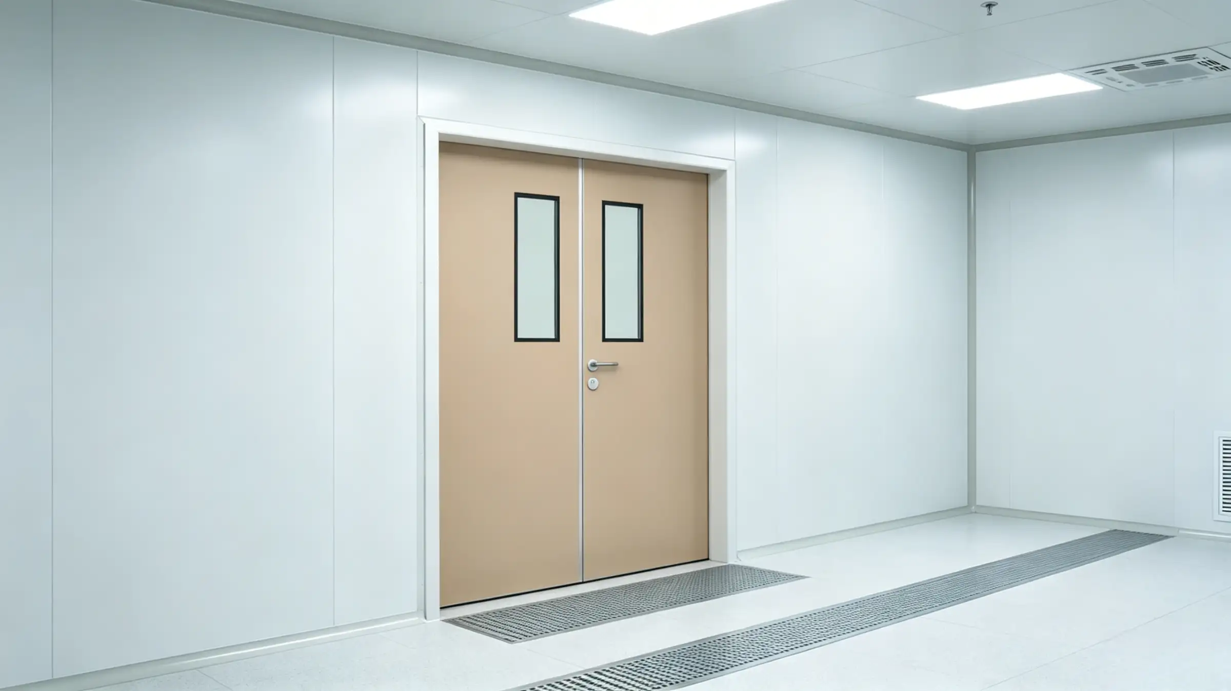 A beige double cleanroom fire door with vision panels, installed in a bright, empty pharmaceutical-grade controlled environment.