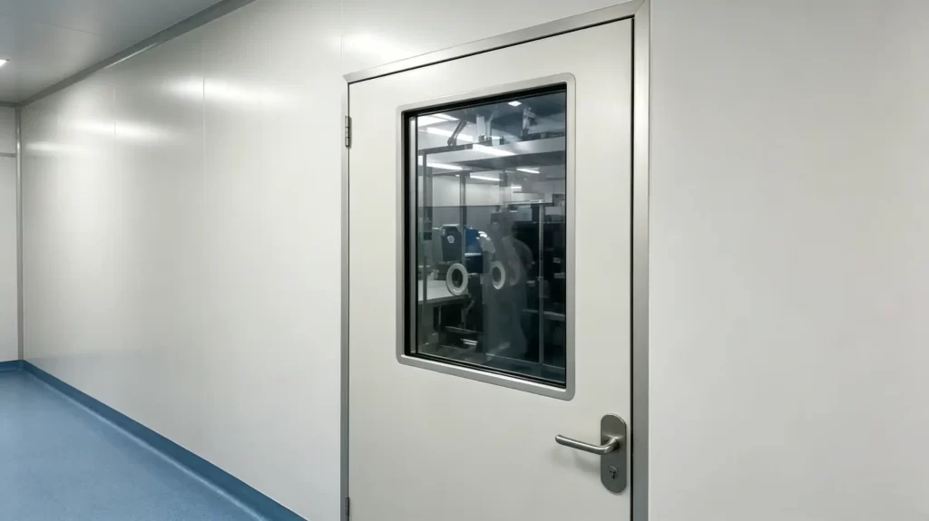 Cleanroom door with observation window in a pharmaceutical facility hallway with blue flooring.