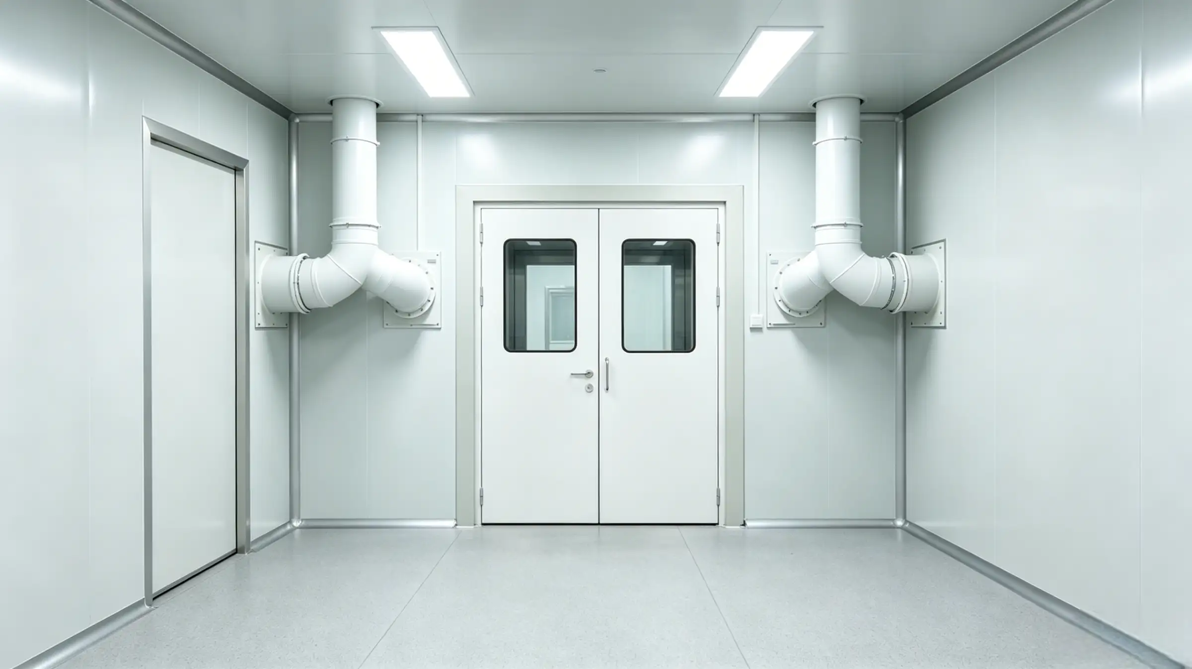 A cleanroom airlock featuring interlocked double doors with viewing windows, HVAC ductwork, and bright, sterile interior.