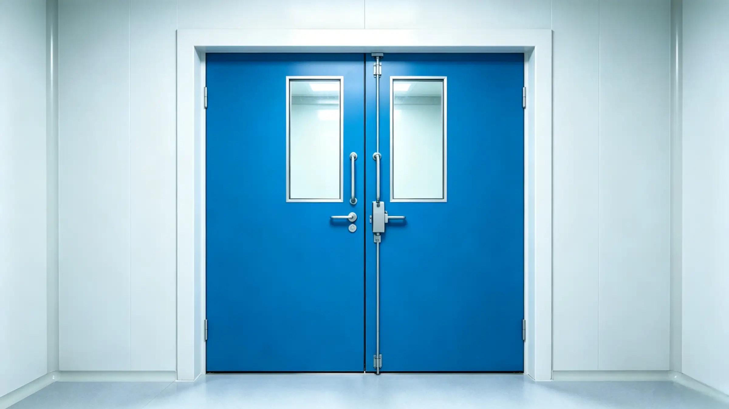 Blue double cleanroom airlock door with viewing windows, featuring an interlock system, set in a controlled facility with light-colored walls.