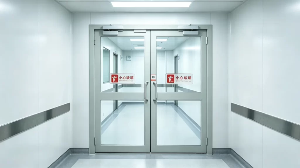 Light gray double glass doors in a sterile cleanroom corridor, with caution labels on the glass panels.
