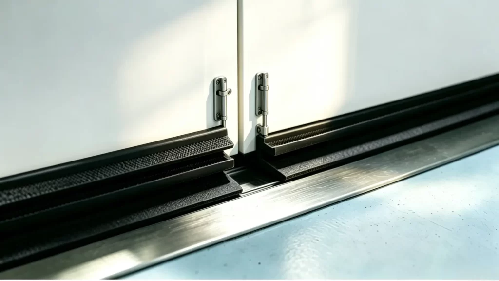 Close-up detail of cleanroom door bottom seals and stainless steel hinges, showing the sealing mechanism.