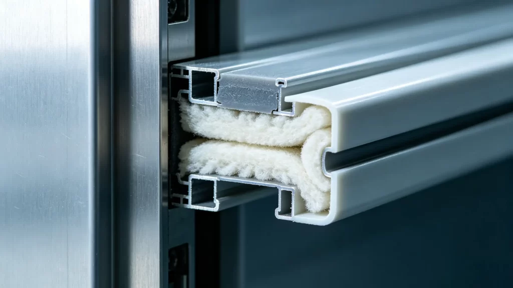 Close-up cross-section of a cleanroom door sealing system, showing dual-layer wool pile seals and aluminum profiles for airtightness.