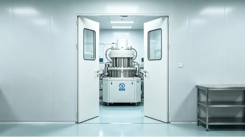 Open double cleanroom doors reveal pharmaceutical manufacturing equipment inside a bright, white facility.
