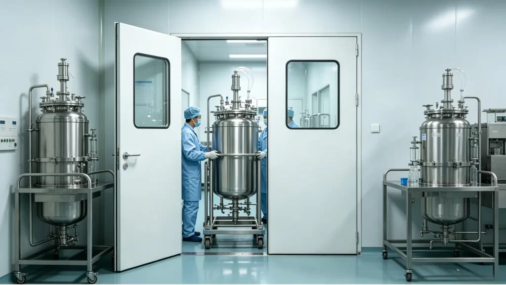 Cleanroom operators in blue PPE move a large stainless steel process vessel through a cleanroom door.