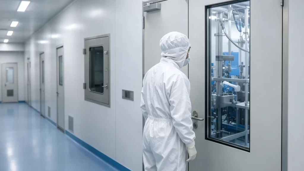 Cleanroom operator monitoring automated equipment through a sealed vision panel door in sterile corridor
