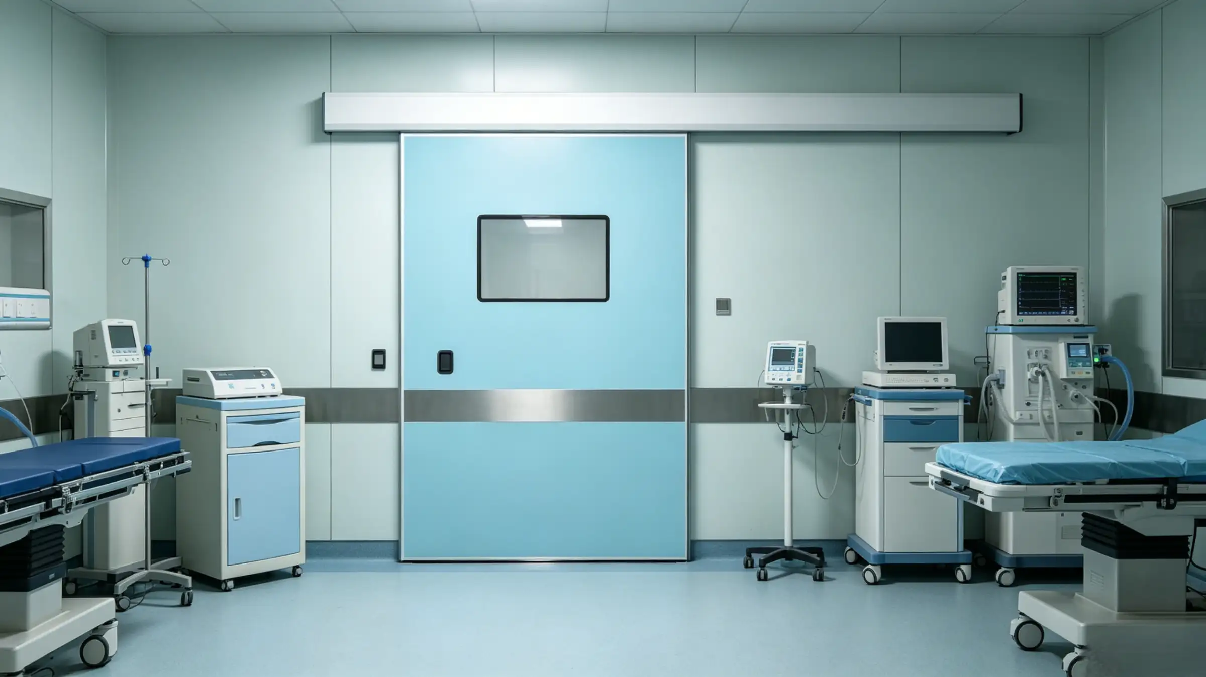 A closed light blue airtight sliding door in a sterile operating room surrounded by medical devices