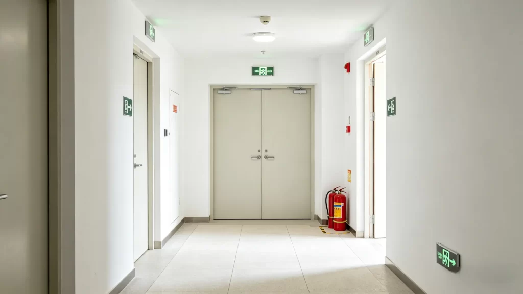 Commercial office corridor with central double-leaf fire-rated door, emergency exit signs, and fire extinguishers.