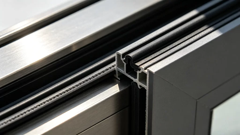 Close-up cross-section view of an airtight door frame showing multi-layer rubber gaskets and thermal break design.