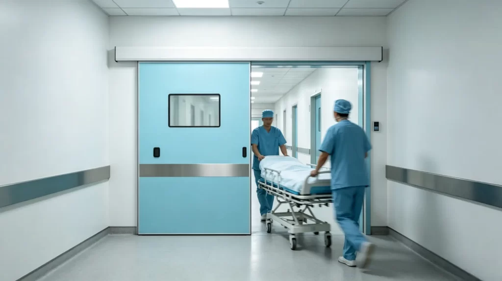 Medical staff moving a patient stretcher through an open sliding door in a hospital corridor.