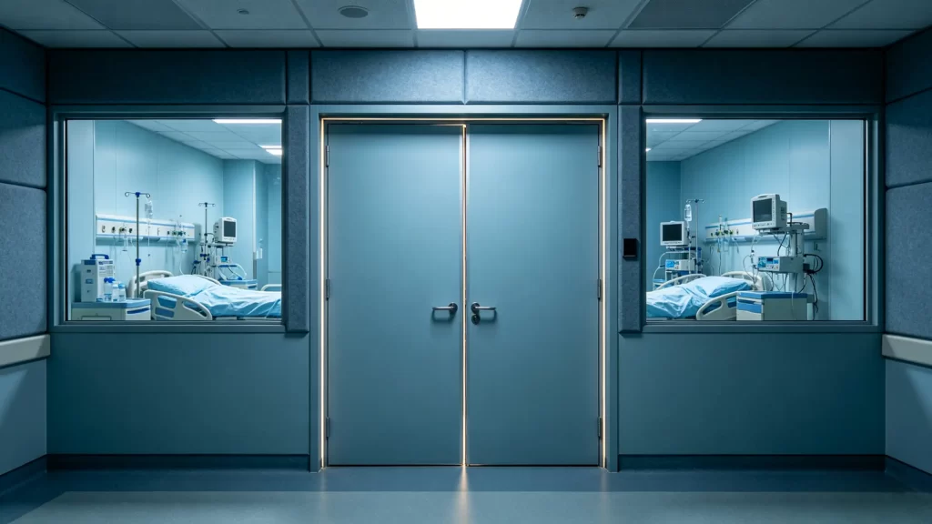 High-performance acoustic ICU door with full perimeter airtight sealing, reducing ward noise and safeguarding critical care patients.