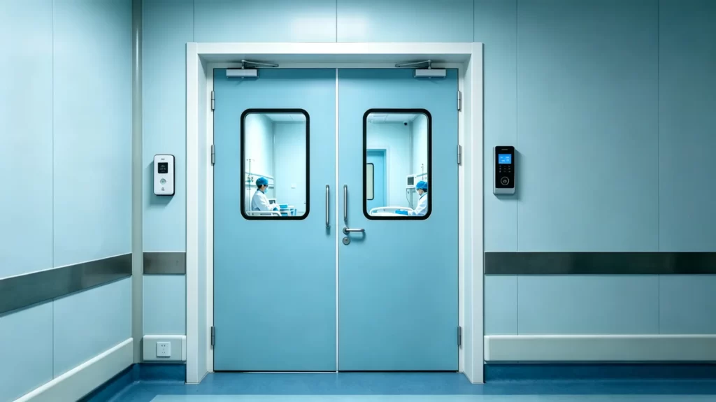 Light blue isolation room double door with observation windows, access control devices, clean clinical setting.