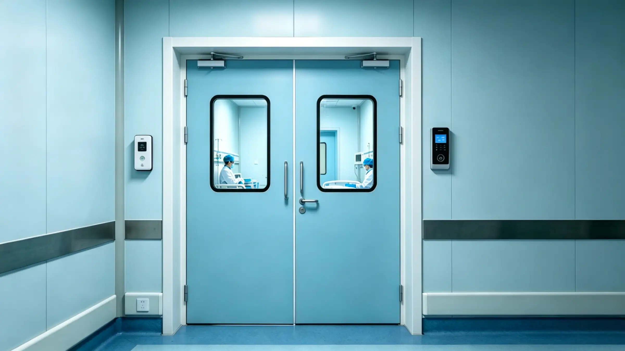 Light blue isolation room double door with observation windows, access control devices, clean clinical setting.