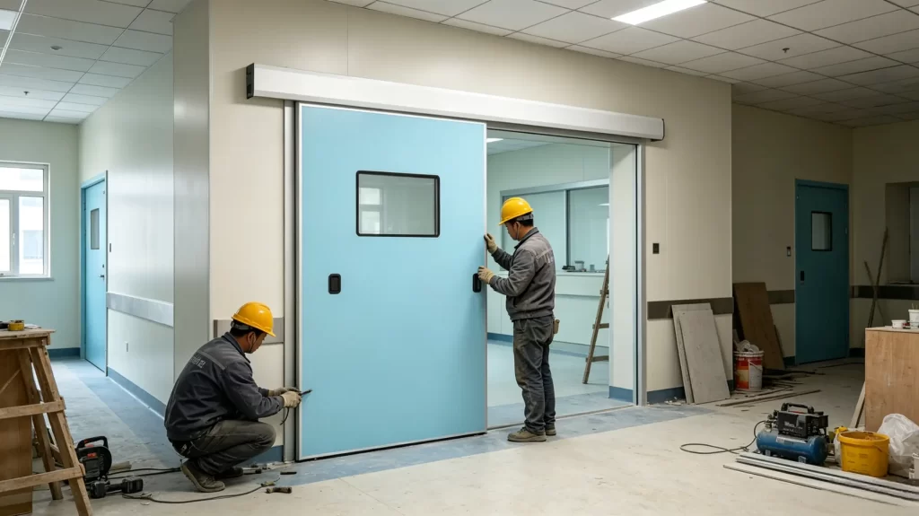 Two workers installing a light blue automatic sliding door at a hospital construction site.