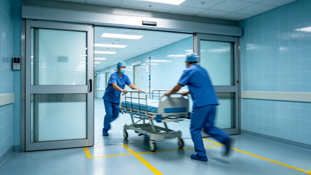 Modern touchless automatic sliding ICU door with wide clear opening, convenient for medical stretcher passage and emergency rescue access.