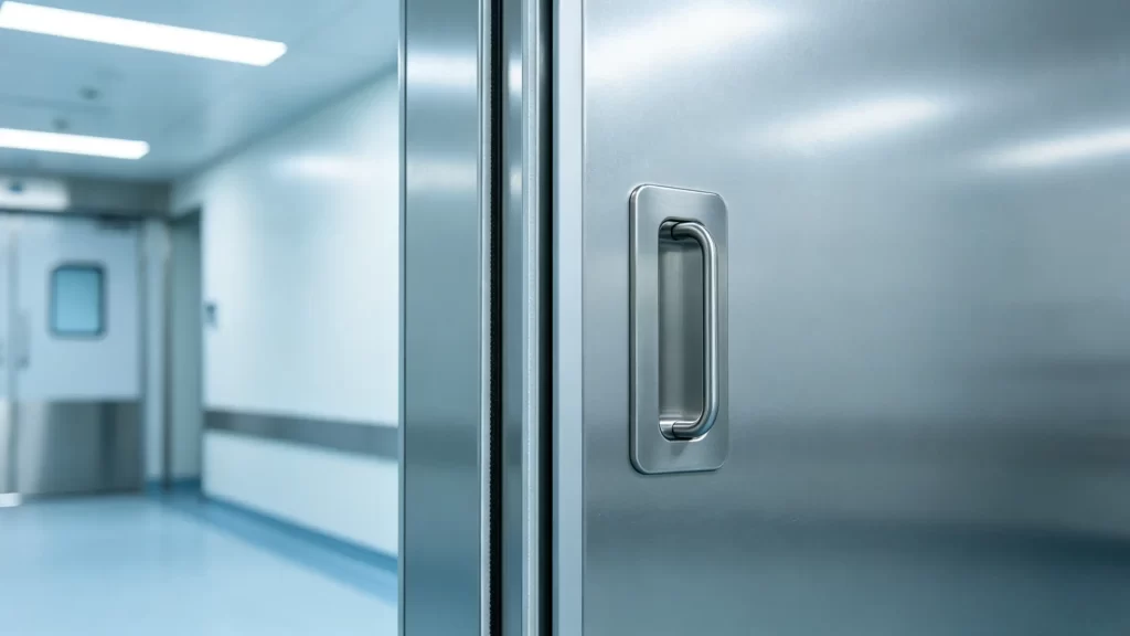 Seamless hygienic ICU airtight door equipped with recessed hardware and medical-grade sealing structure, designed for hospital infection control and clean isolation.