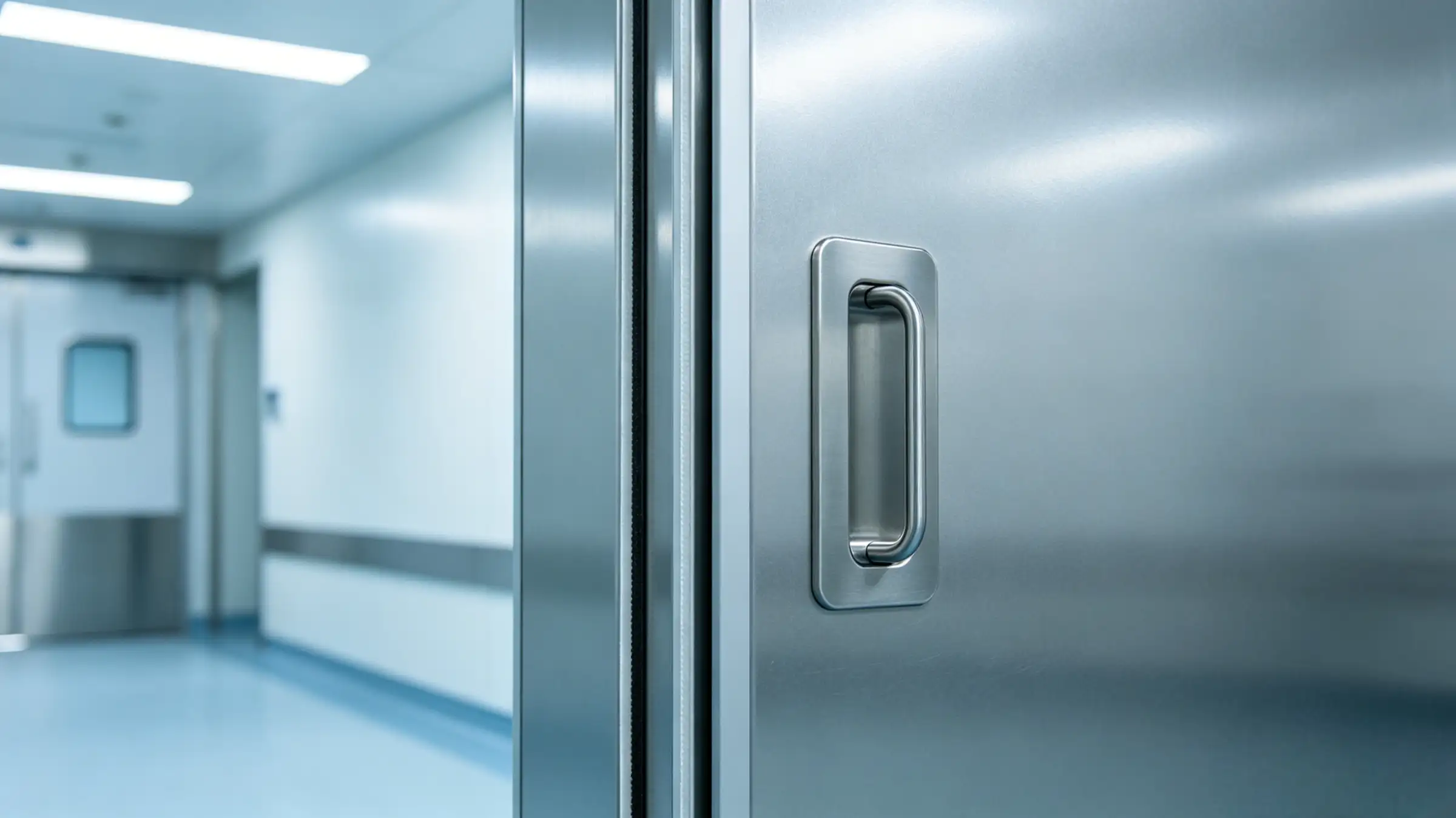 Seamless hygienic ICU airtight door equipped with recessed hardware and medical-grade sealing structure, designed for hospital infection control and clean isolation.