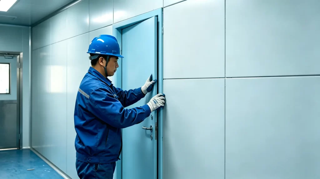 A light blue cleanroom fire door being installed in a controlled environment, highlighting its design and integration with wall panels.