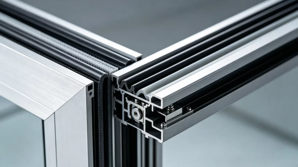 Close-up cross-section of multi-lip EPDM seal and aluminum profile for hospital airtight doors.