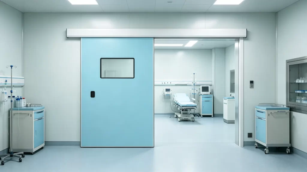 View into a sterile operating room through an open light blue sliding door with medical equipment.