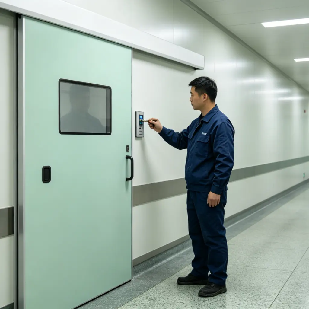 A technician calibrates the control panel of a light green operating room door in a clean hospital corridor.