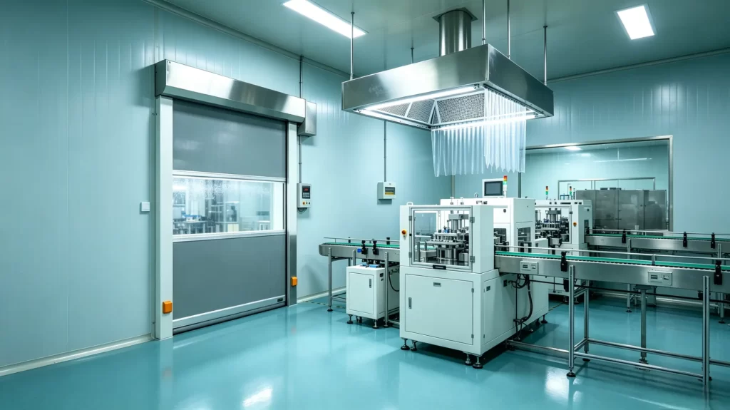 Gray high-speed roll-up door in a pharmaceutical cleanroom with production line machinery and laminar airflow hood.