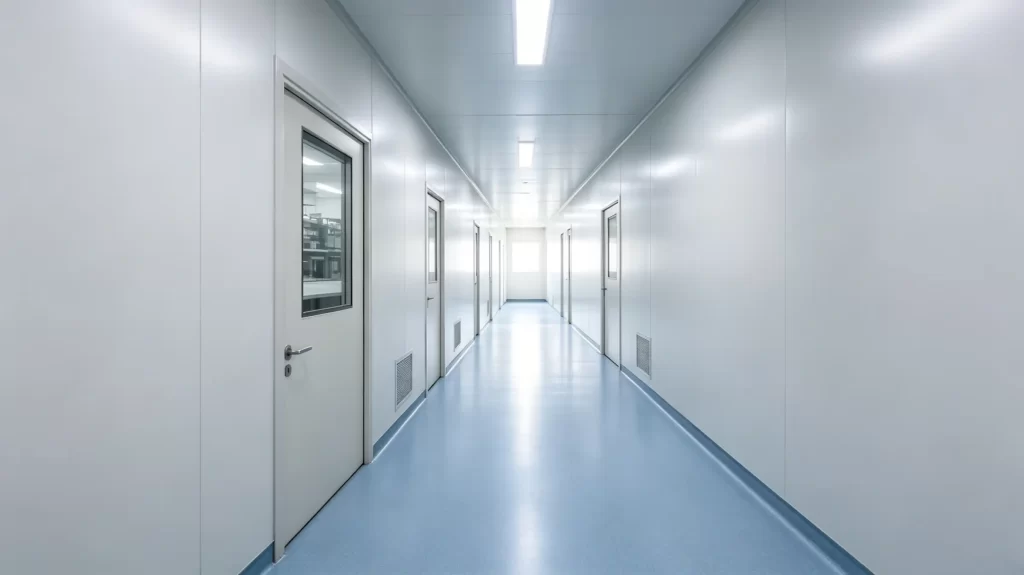 Pharmaceutical cleanroom hallway with multiple vision panel doors for controlled area monitoring