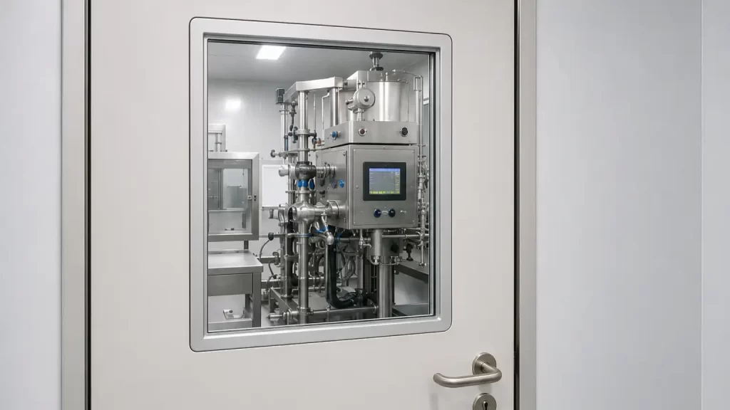 Cleanroom door with view window showing stainless steel pharmaceutical processing equipment inside.