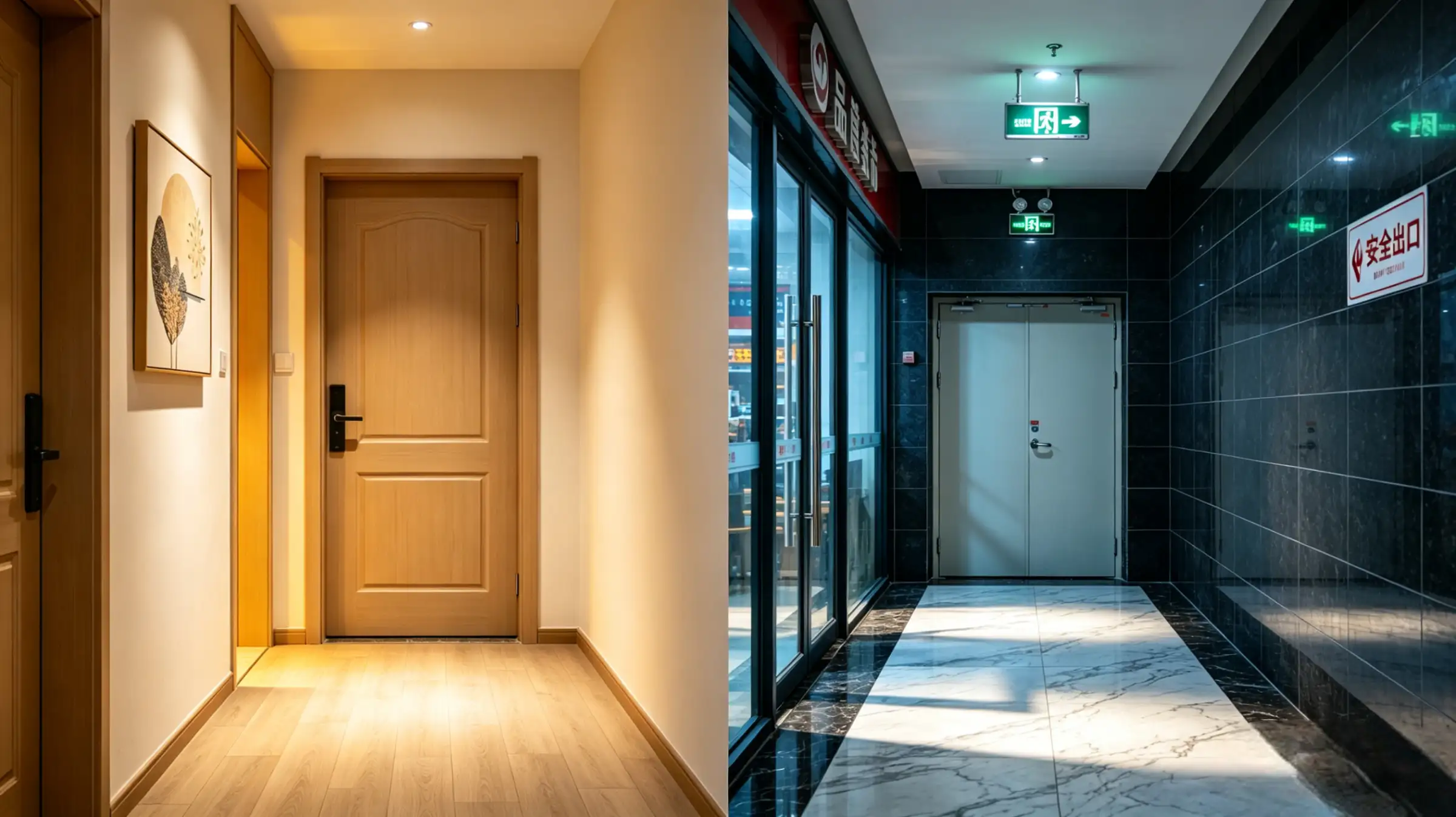 Side-by-side view of residential wooden fire door and commercial metal fire-rated double door in corridor settings, no text.