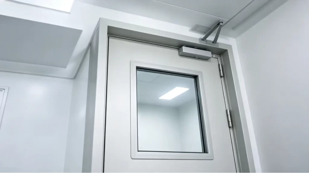 Airtight cleanroom door with integrated observation window and automatic closer system