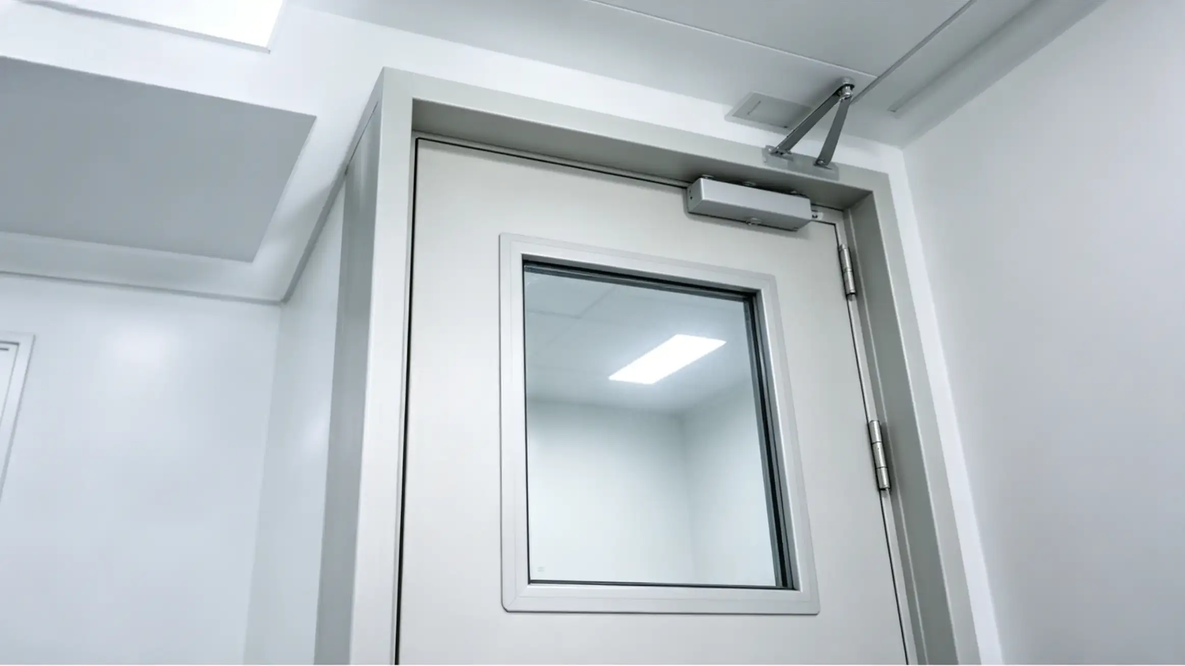 Airtight cleanroom door with integrated observation window and automatic closer system