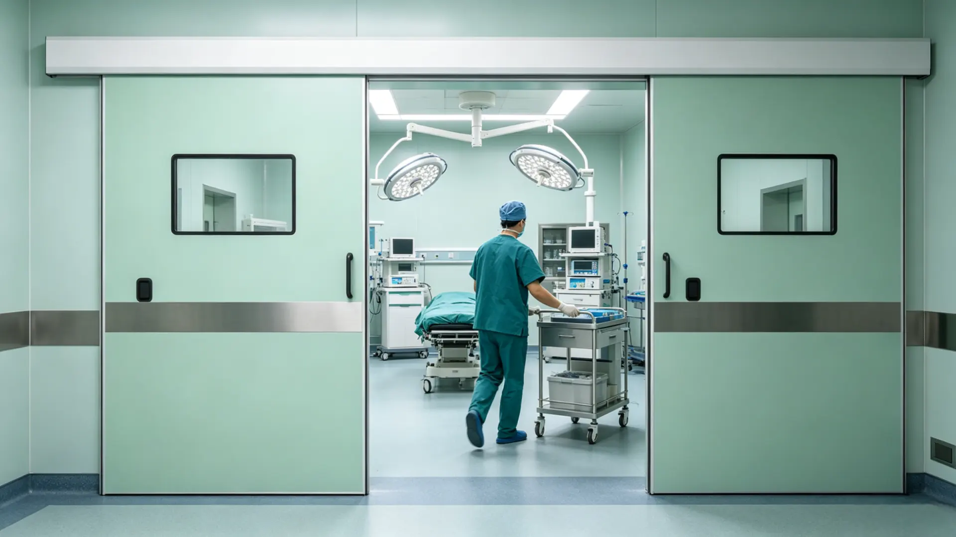 A surgeon pushes a medical cart through open sliding doors into a sterile operating room.